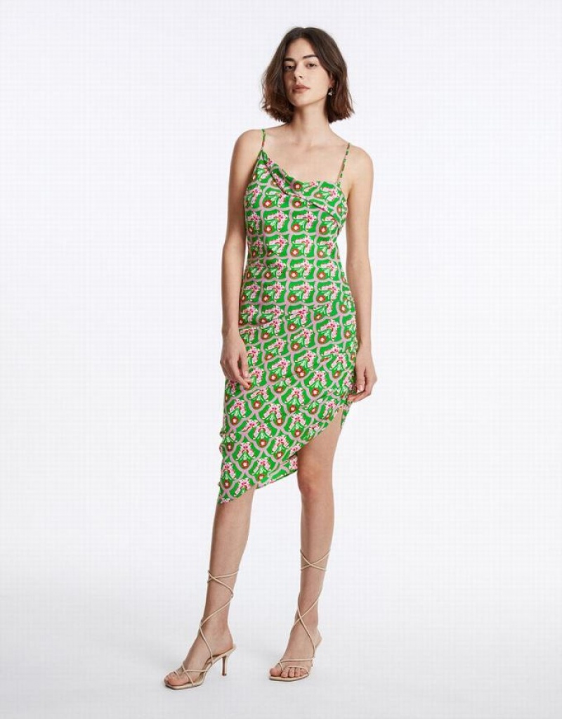 Urban Revivo Floral Ruched Cami Women's Dress Green | XIEBDON-87