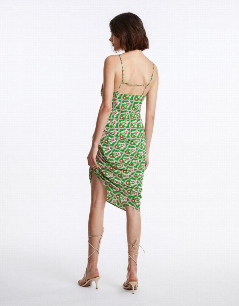 Urban Revivo Floral Ruched Cami Women's Dress Green | XIEBDON-87