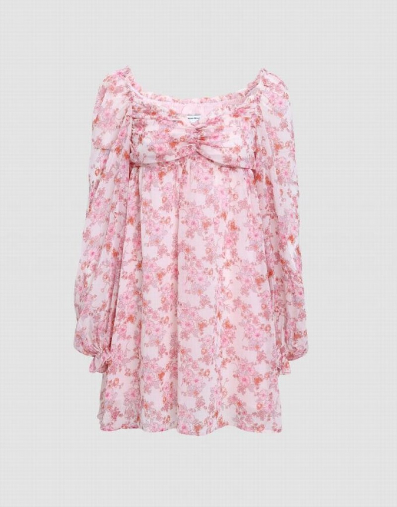 Urban Revivo Floral Square-cut Collar Women's Short Dress Pink | ZIFVKAX-71