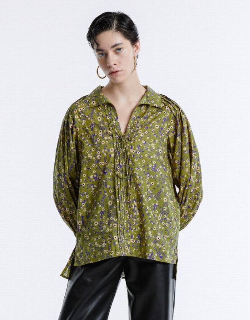 Urban Revivo Floral Tie Front Women's Blouse Green | PANTGQU-12