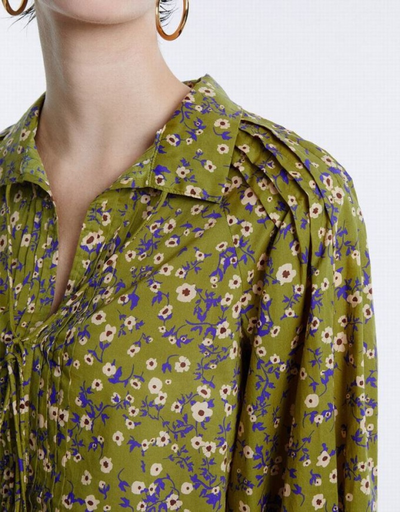 Urban Revivo Floral Tie Front Women's Blouse Green | PANTGQU-12