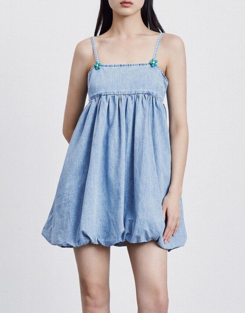 Urban Revivo Flower Detail Strappy Women's Denim Dress Blue | GYJEUSP-82