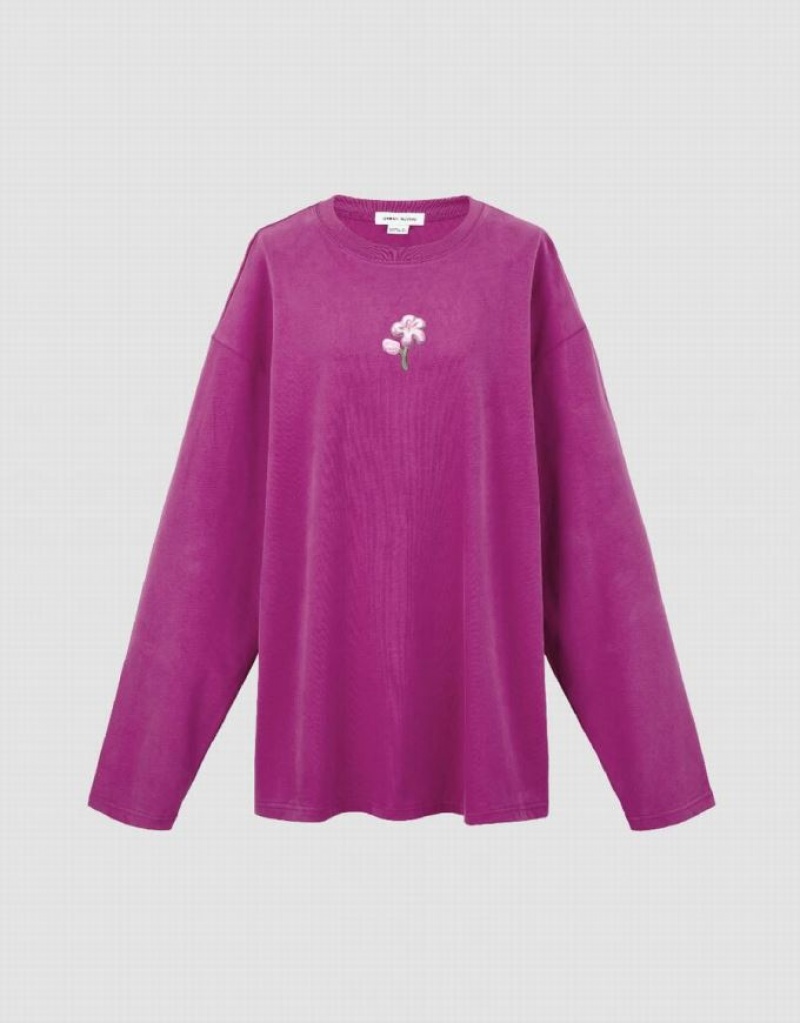 Urban Revivo Flower Embossed Crew Neck Loose Women's T-Shirts Purple | GFCTQBH-34