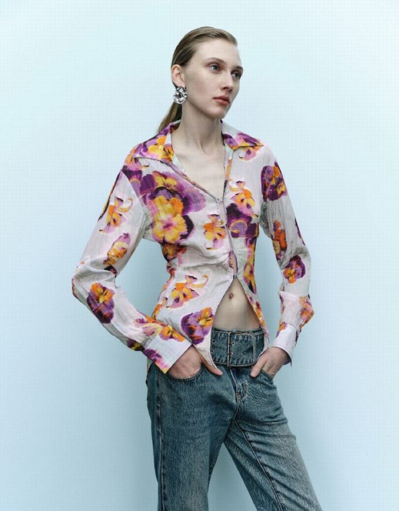 Urban Revivo Flower Printed Women's Shirts Blue | OEGZBHP-86