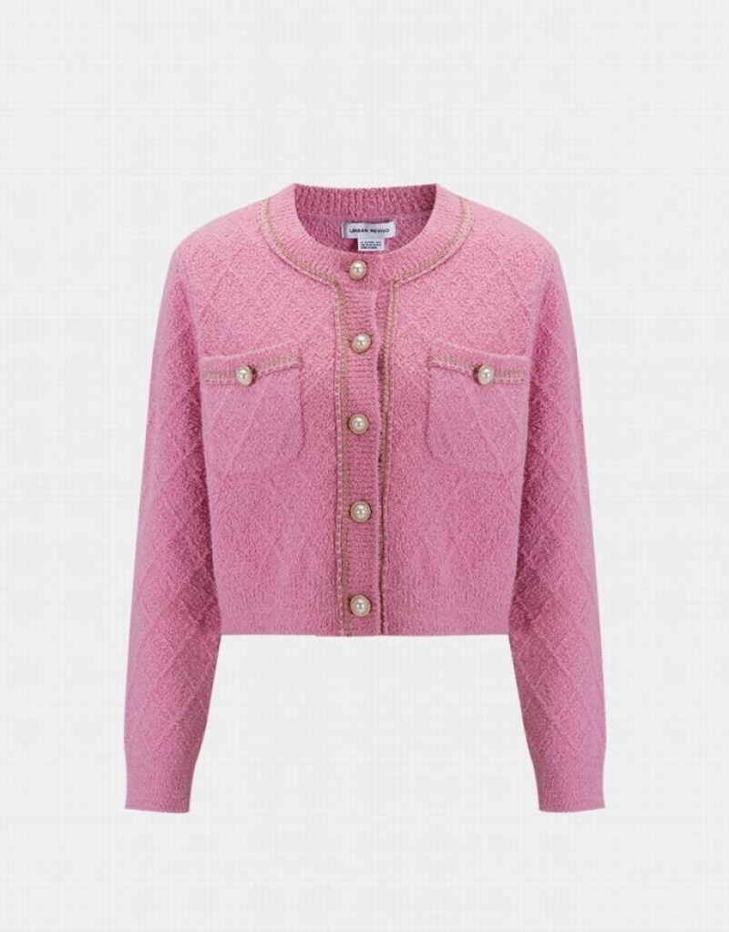 Urban Revivo Fluffy Contrast Trim Faux Pearl Button Women\'s Cardigan Pink | LCSFIXU-05