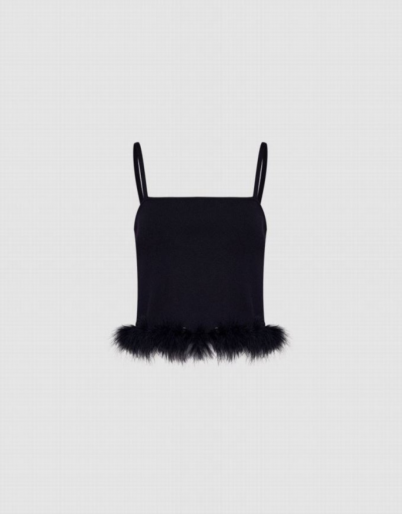 Urban Revivo Fluffy Trim Knitted Women's Camisole Black | QGXJLFZ-14