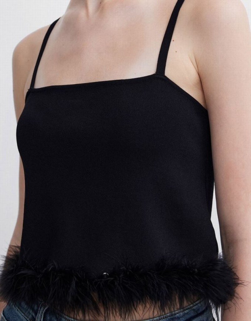 Urban Revivo Fluffy Trim Knitted Women's Camisole Black | QGXJLFZ-14