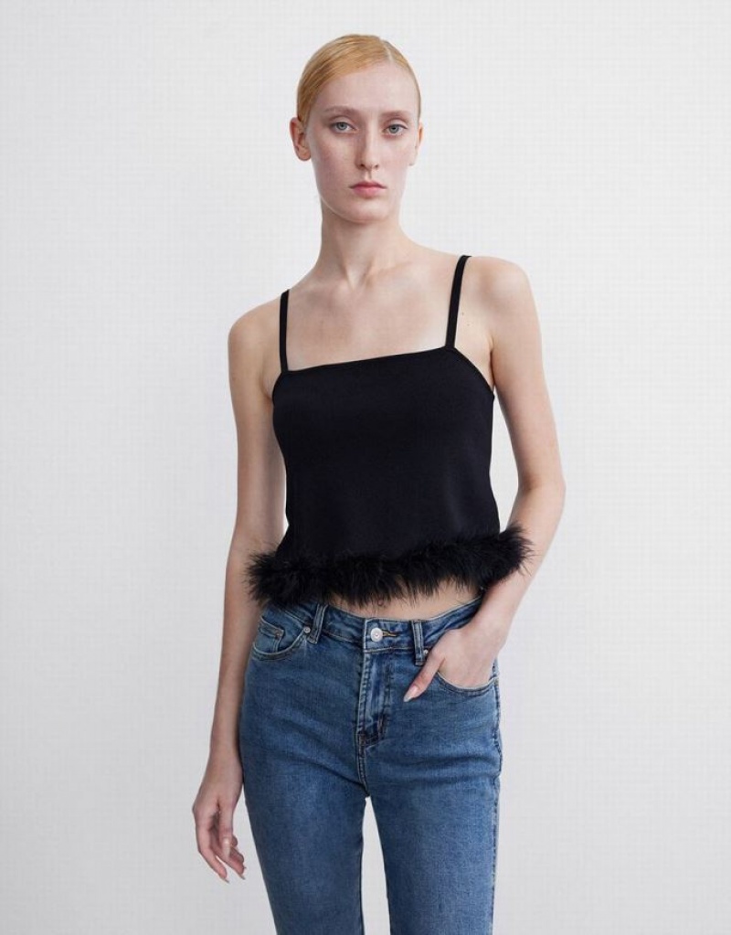 Urban Revivo Fluffy Trim Knitted Women\'s Camisole Black | QGXJLFZ-14