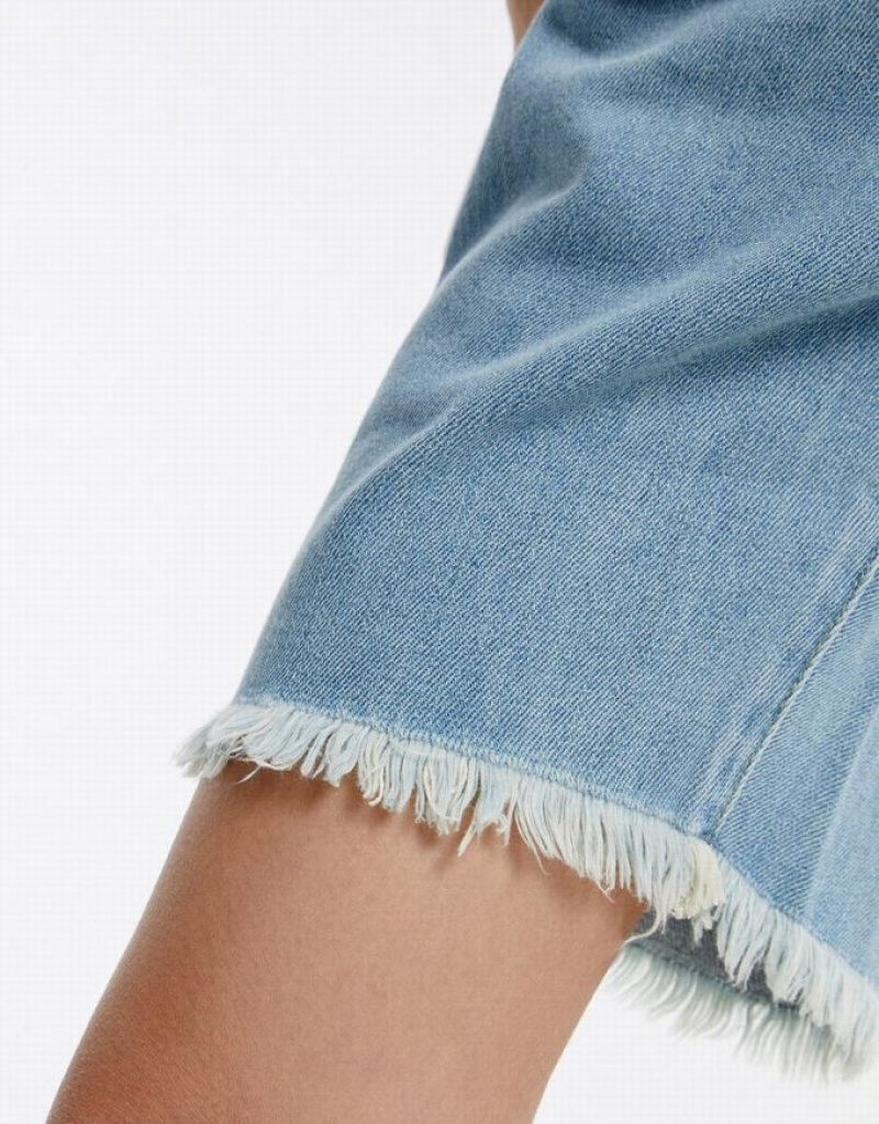 Urban Revivo Frayed Hem Women's Denim Shorts Blue | HJAVZIX-16