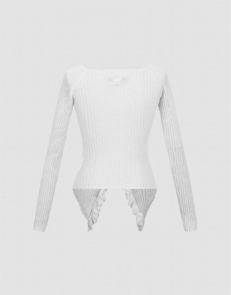 Urban Revivo Frill Trim Knitted Women's Cardigan White | FCYKLAG-01