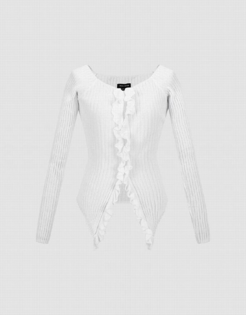 Urban Revivo Frill Trim Knitted Women's Cardigan White | FCYKLAG-01