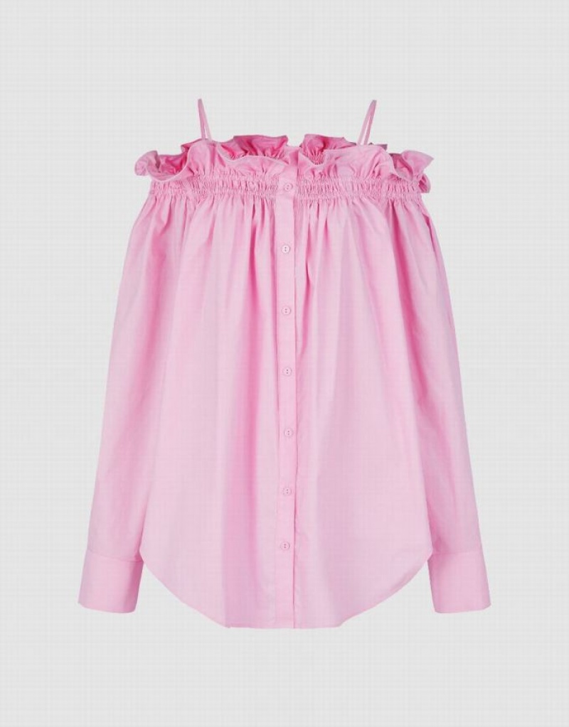 Urban Revivo Frill Trim Off-Shoulder Women's Shirts Pink | YJSHUCG-36