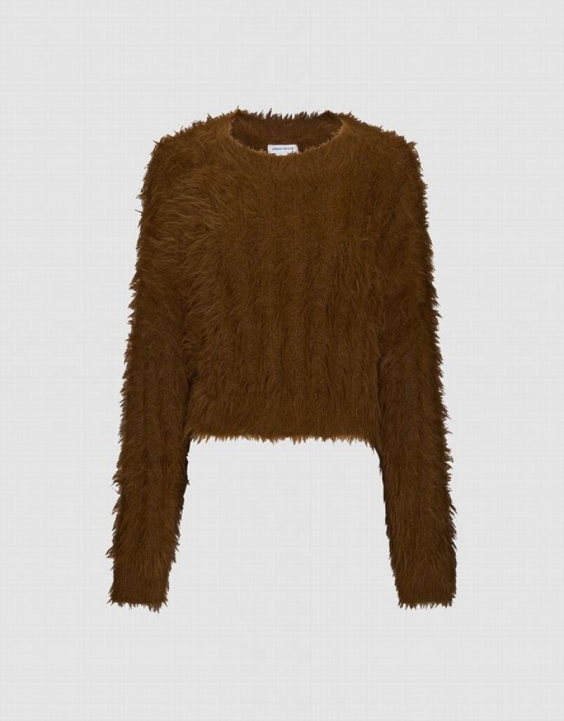 Urban Revivo Furry Crew Neck Knitted Women's Cardigan Brown | NYDRPFU-47