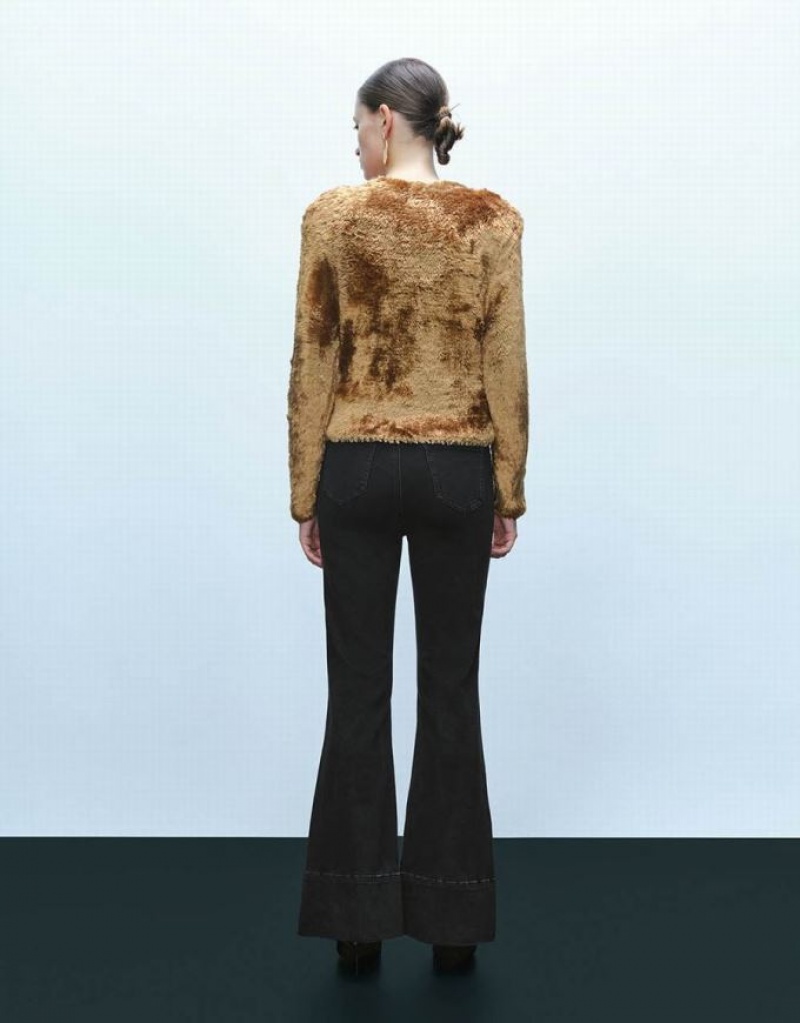 Urban Revivo Furry Crew Neck Knitted Women's Cardigan Brown | QEDUYOW-28