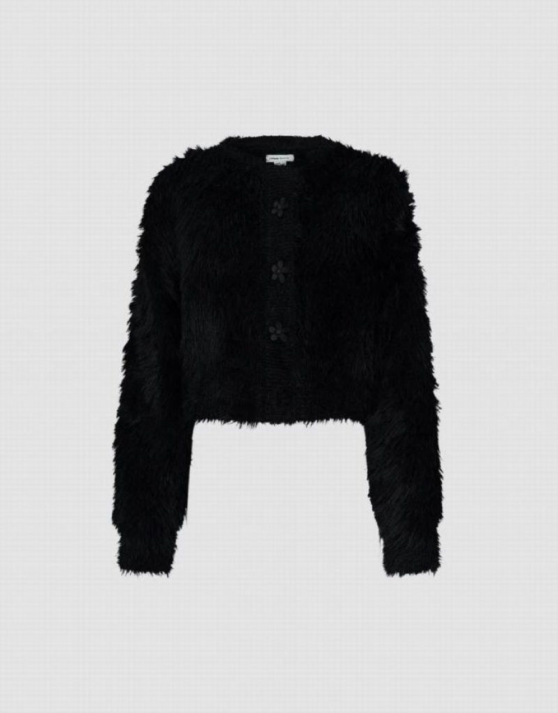 Urban Revivo Furry Knitted With Flower Buttons Women's Cardigan Black | TFJEAMP-28