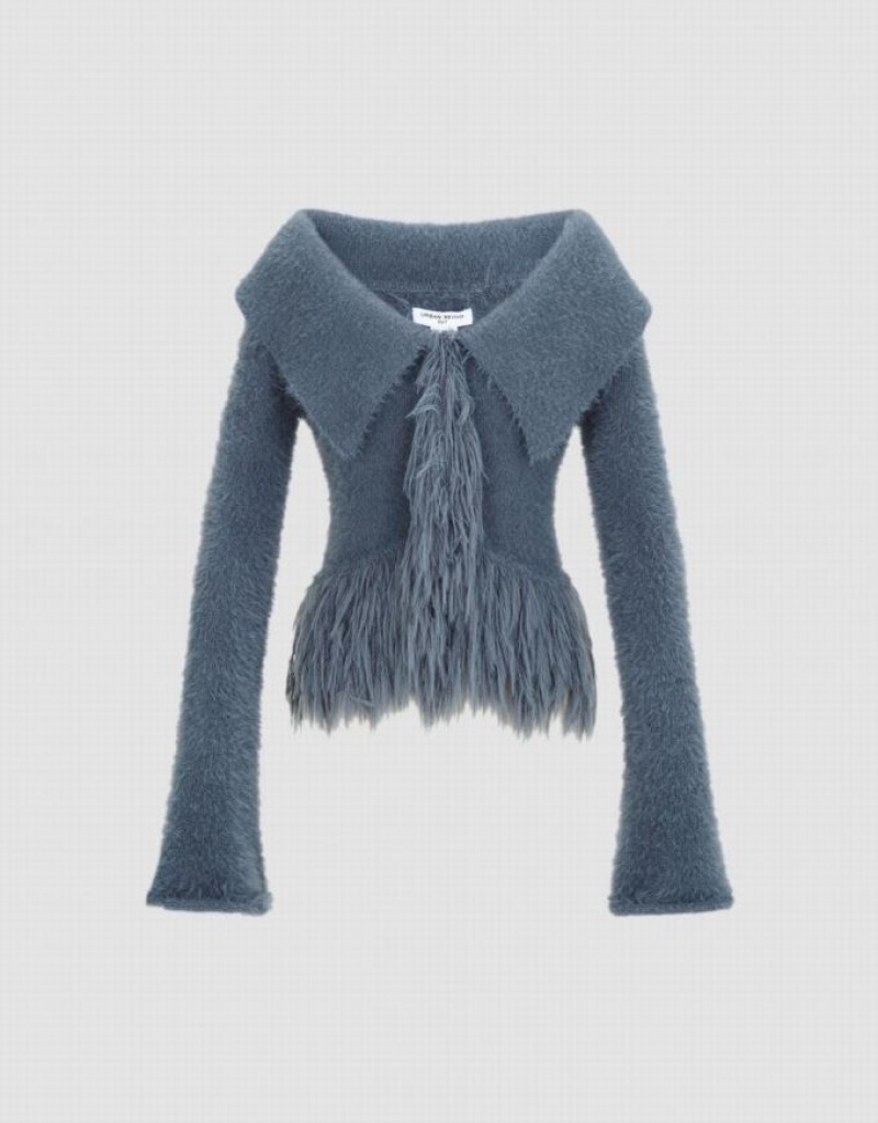 Urban Revivo Furry Off-Shoulder Knitted Women's Cardigan Blue | XFROTVD-19