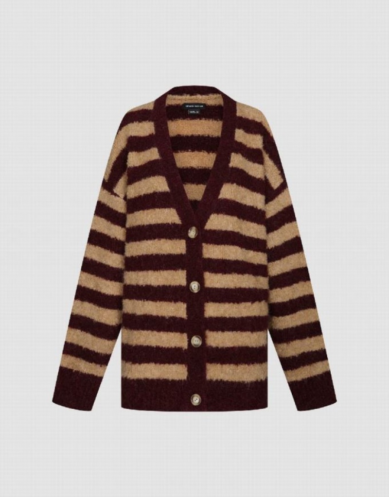 Urban Revivo Furry Striped V-Neck Knitted Women's Cardigan Multicolor | YTSHALN-64