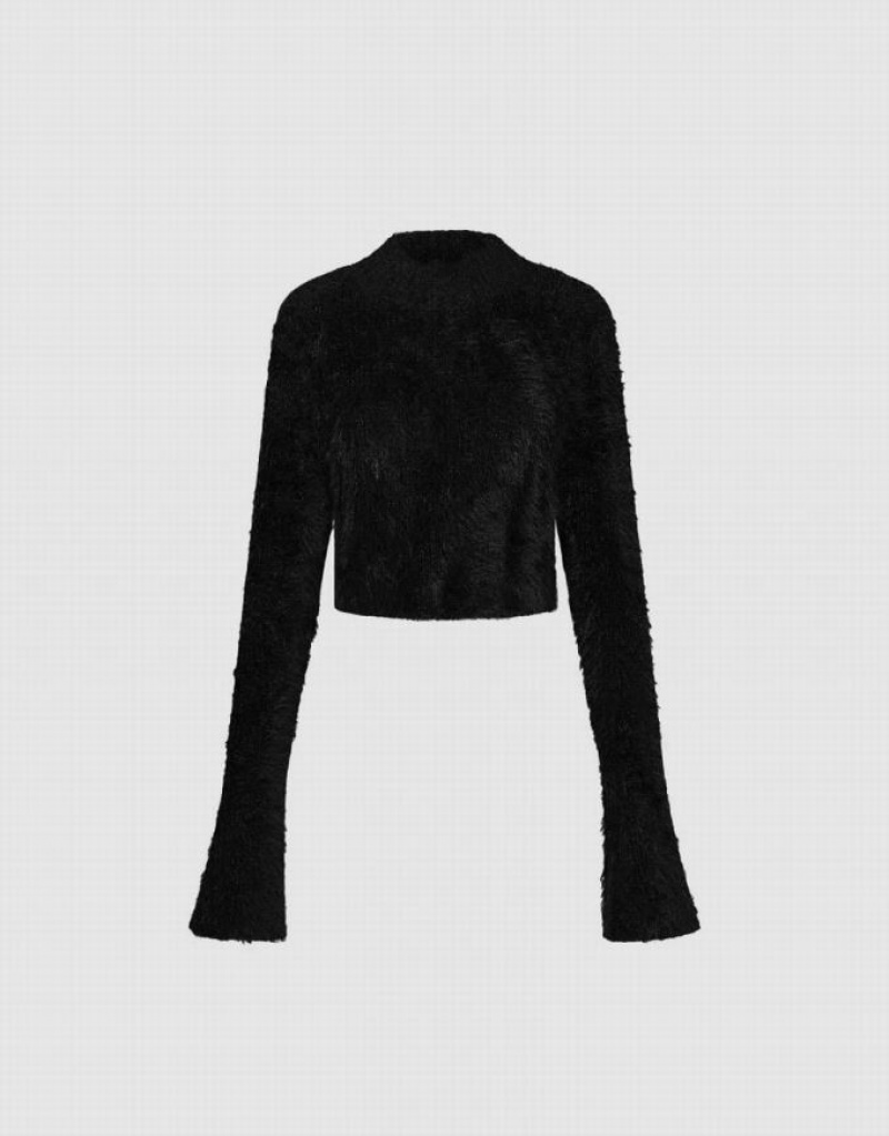 Urban Revivo Furry Turtle Neck Knitted Women's Cardigan Black | GCZPVOQ-28