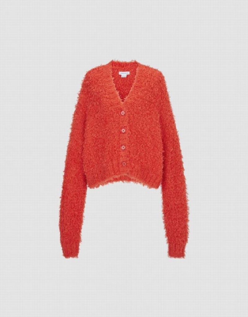 Urban Revivo Furry V-Neck Knitted Women's Cardigan Orange | ZXUKDEL-82