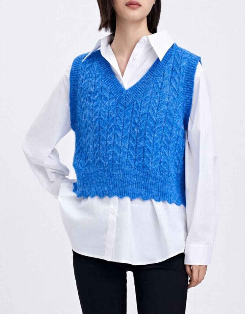 Urban Revivo Fuzzy Cable Knit Women's Sweater Vest Blue | JODCKPI-73