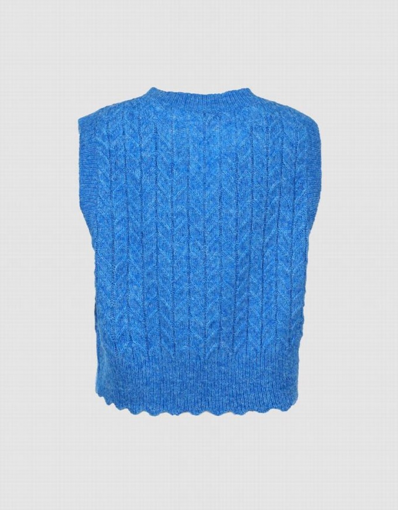 Urban Revivo Fuzzy Cable Knit Women's Sweater Vest Blue | JODCKPI-73