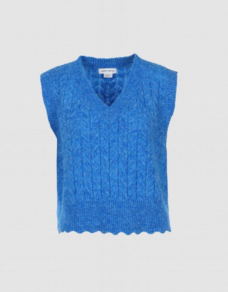 Urban Revivo Fuzzy Cable Knit Women\'s Sweater Vest Blue | JODCKPI-73