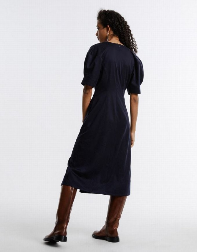 Urban Revivo Gathered Waist Puff Sleeve Women's Casual Dress Blue | KFMHWLG-52