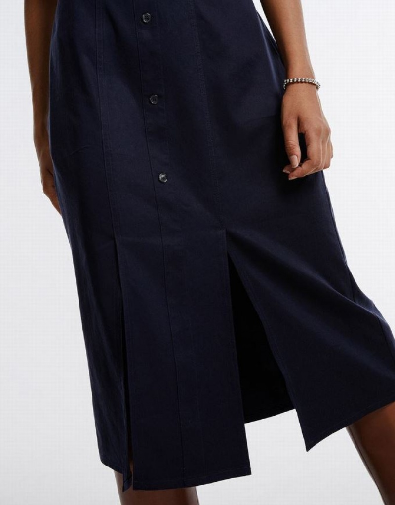 Urban Revivo Gathered Waist Puff Sleeve Women's Casual Dress Blue | KFMHWLG-52