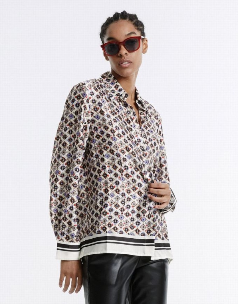 Urban Revivo Geometric Button Up Women's Shirts Grey | SNGVZKY-70