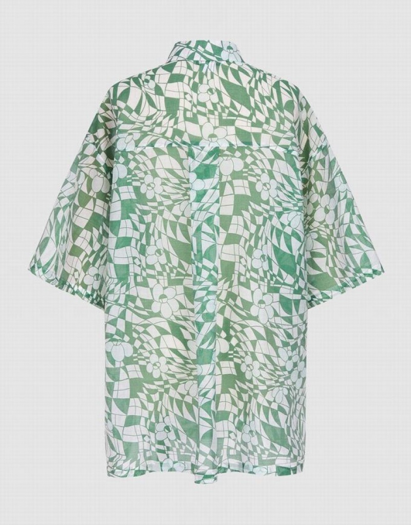 Urban Revivo Geometric Print Short Sleeve Women's Shirts Green | ZMOEDXI-46