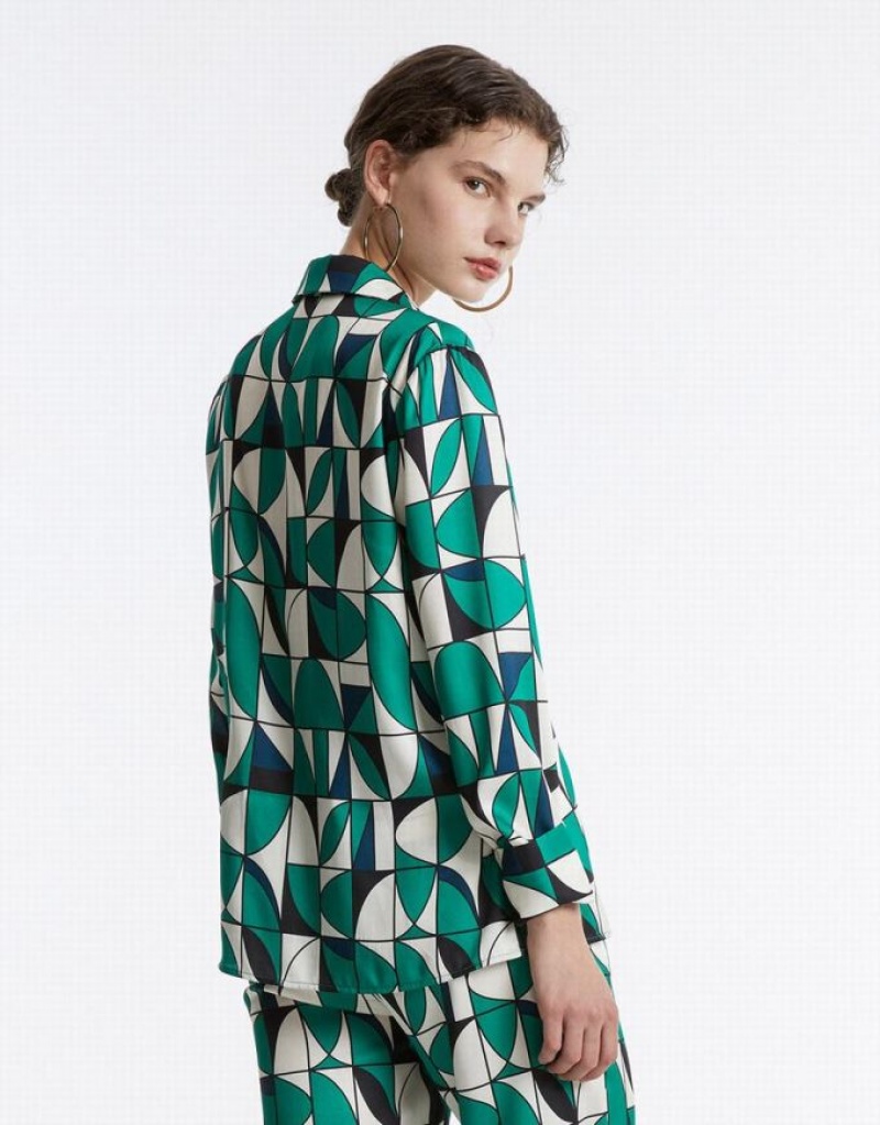 Urban Revivo Geometric Print Women's Shirts Green | UFNRXCM-19