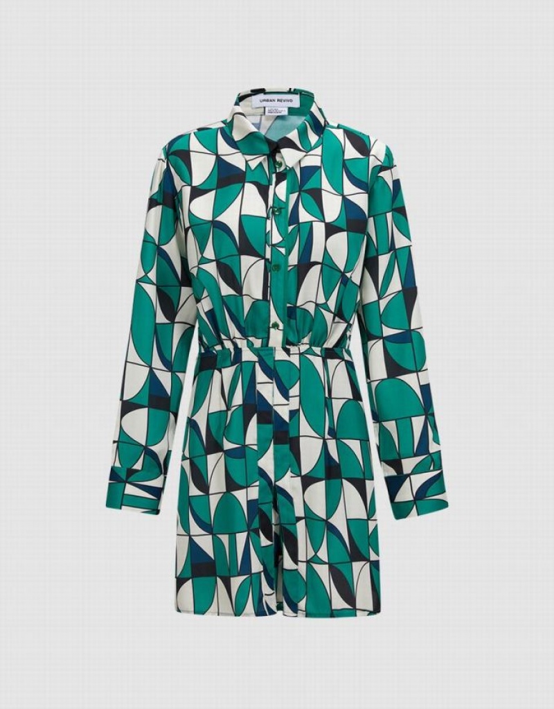 Urban Revivo Geometric Print Women's Shirt Dress Green | TNPXUWI-48