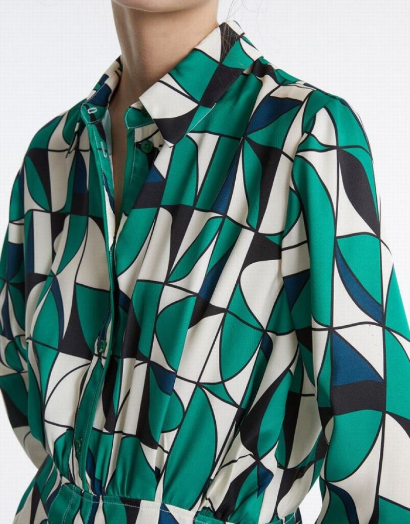 Urban Revivo Geometric Print Women's Shirt Dress Green | TNPXUWI-48