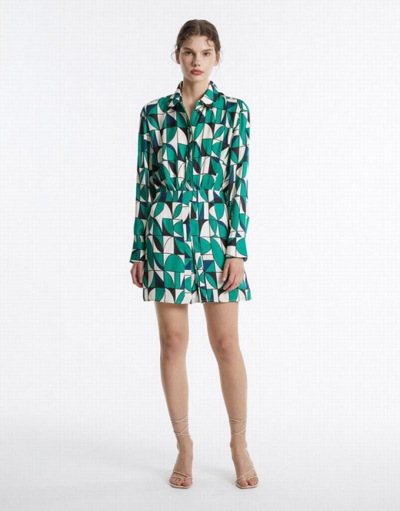 Urban Revivo Geometric Print Women's Shirt Dress Green | TNPXUWI-48