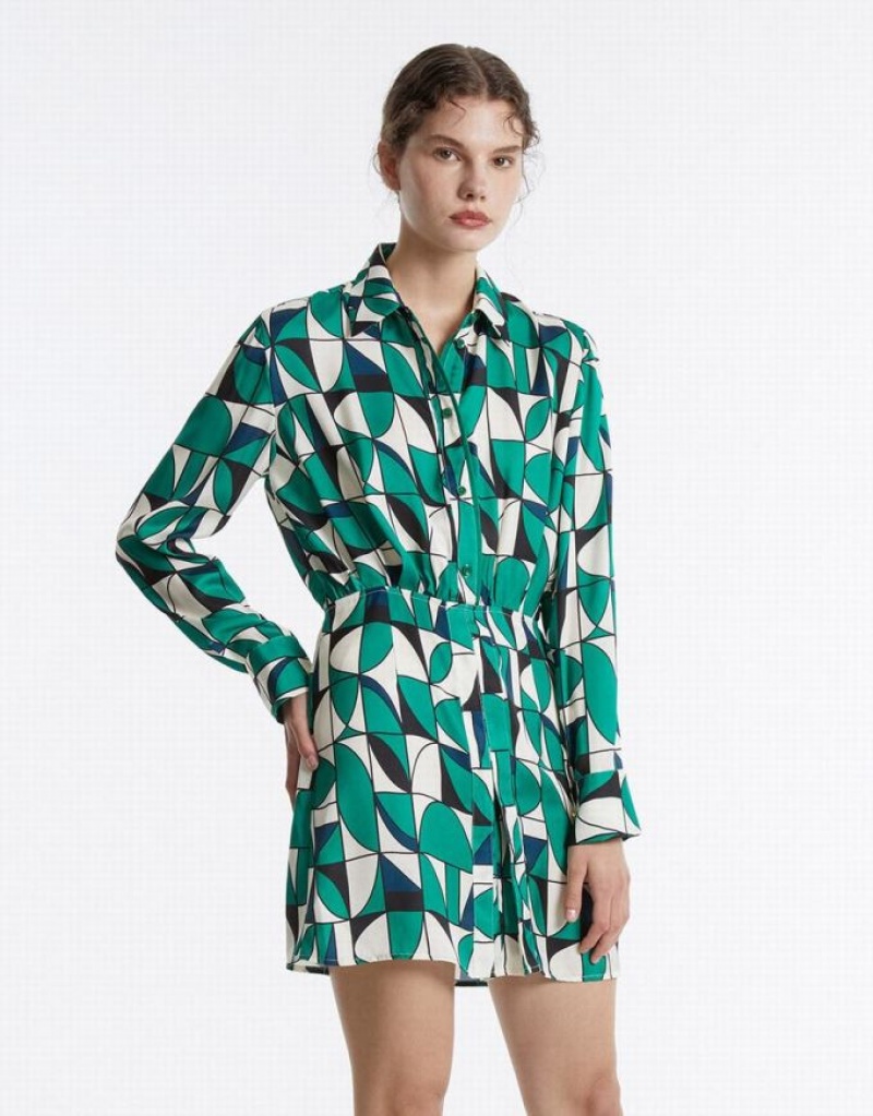 Urban Revivo Geometric Print Women\'s Shirt Dress Green | TNPXUWI-48