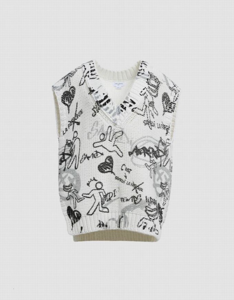 Urban Revivo Graffiti Knitted Women's Cardigan White | OTQEPRM-60