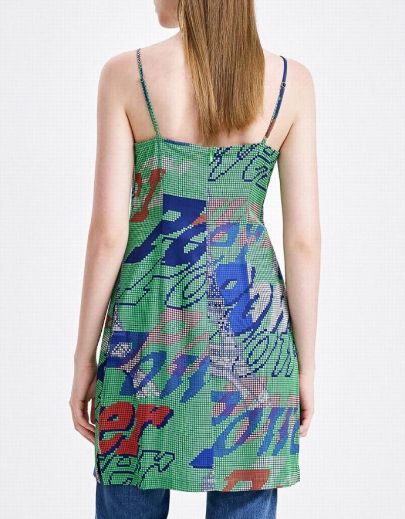 Urban Revivo Graffiti Print Cami Mini Women's Mini Dress Green | ZYCPFOW-87