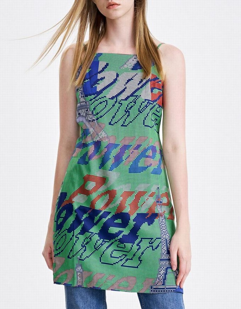 Urban Revivo Graffiti Print Cami Mini Women's Mini Dress Green | ZYCPFOW-87