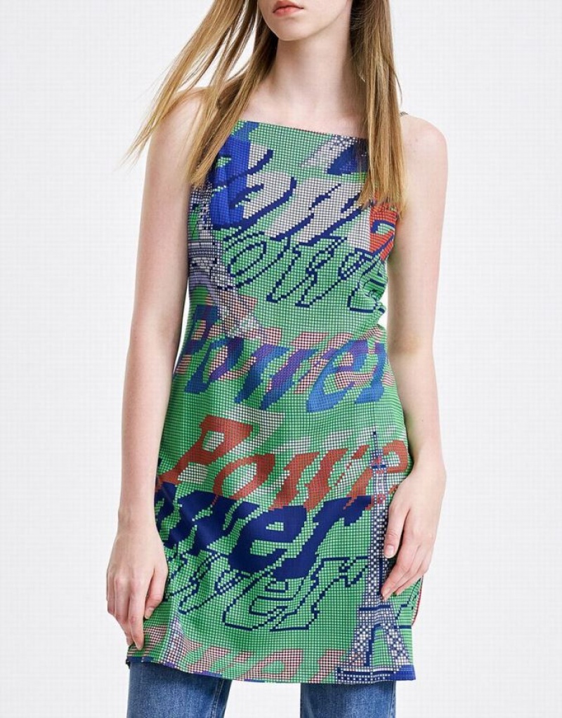 Urban Revivo Graffiti Print Cami Mini Women\'s Mini Dress Green | ZYCPFOW-87