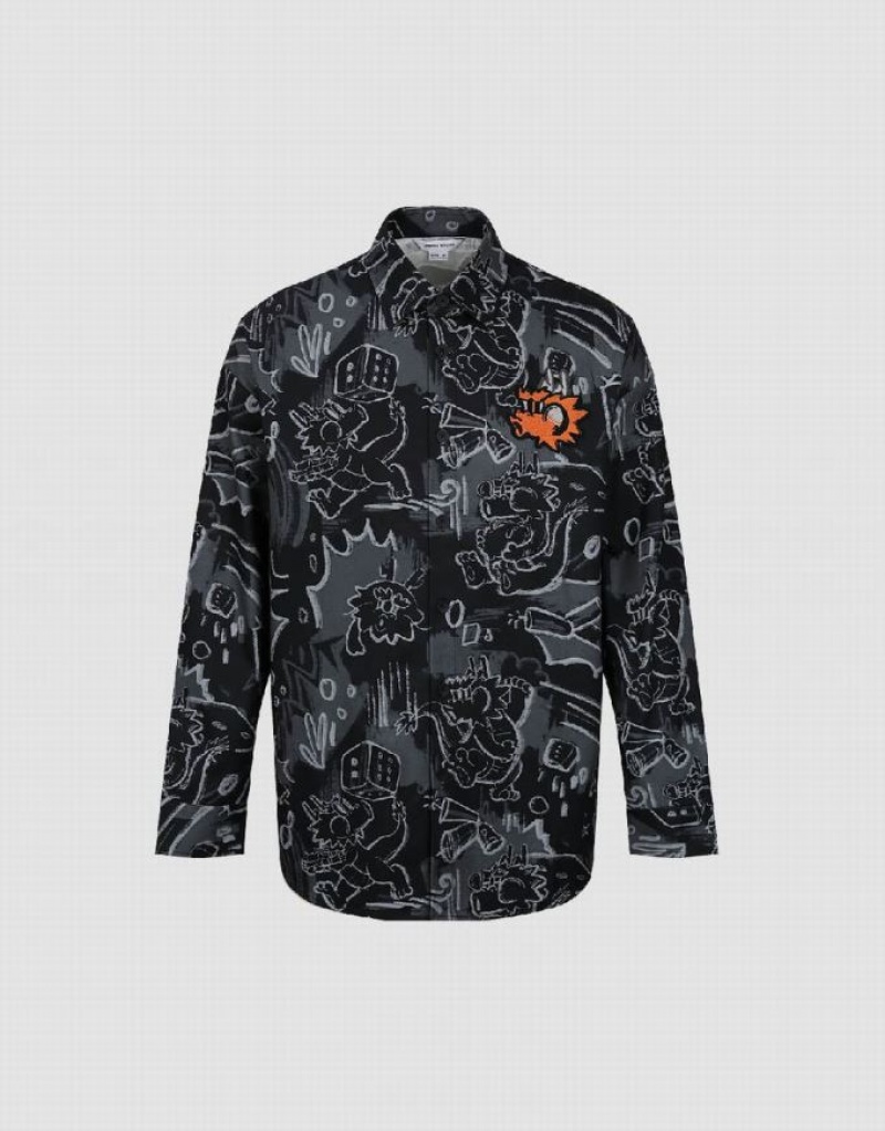 Urban Revivo Graffiti Printed Button Up Loose Men's Shirts Black | DQHWPAF-02