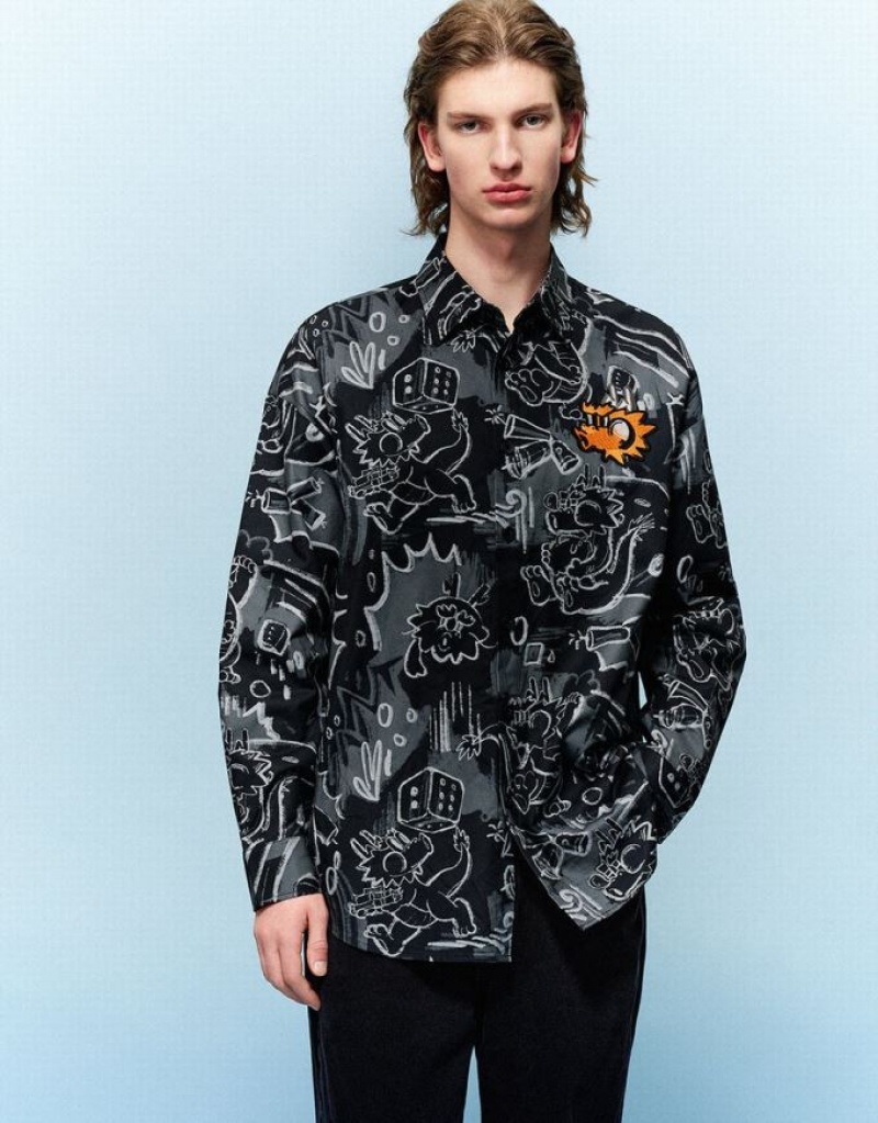 Urban Revivo Graffiti Printed Button Up Loose Men's Shirts Black | DQHWPAF-02