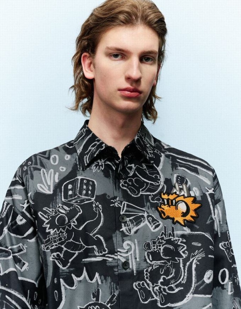 Urban Revivo Graffiti Printed Button Up Loose Men's Shirts Black | DQHWPAF-02