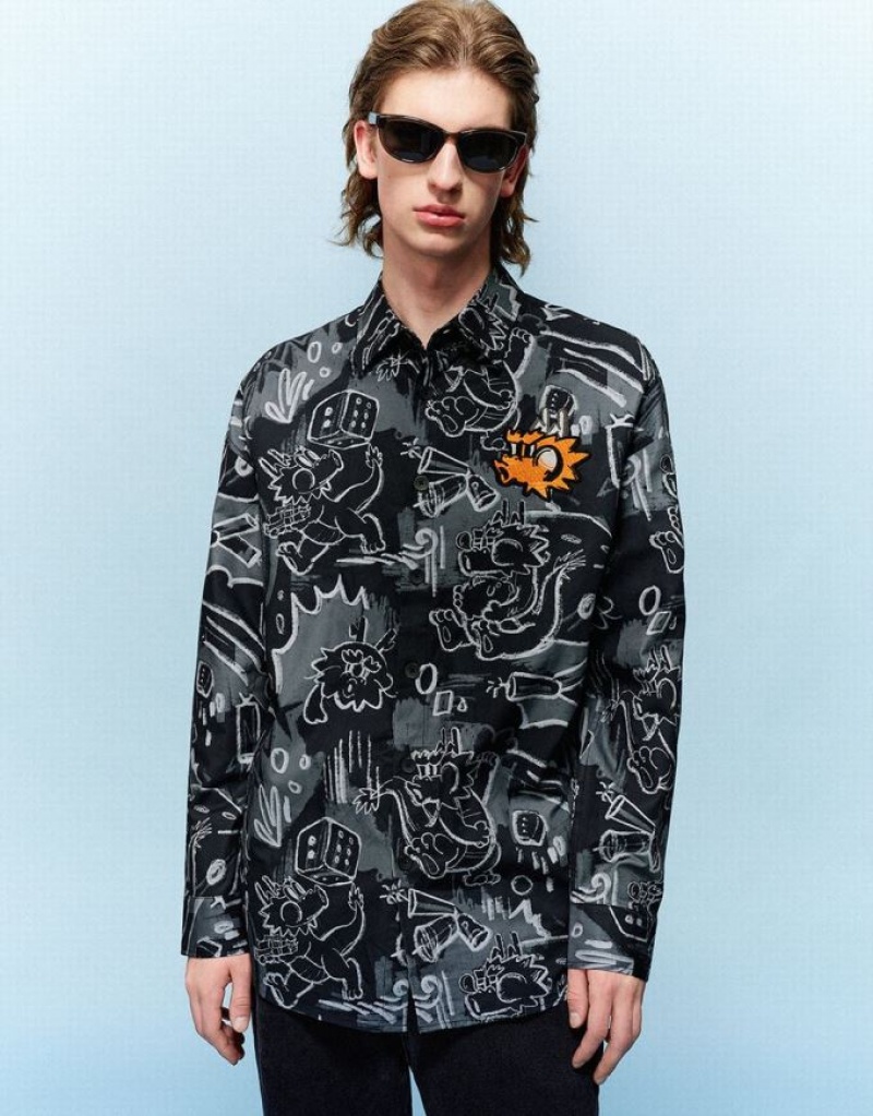 Urban Revivo Graffiti Printed Button Up Loose Men\'s Shirts Black | DQHWPAF-02