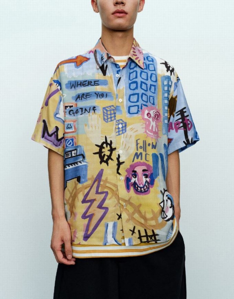 Urban Revivo Graffiti Printed Loose Men's Shirts Multicolor | WHAMPTQ-87