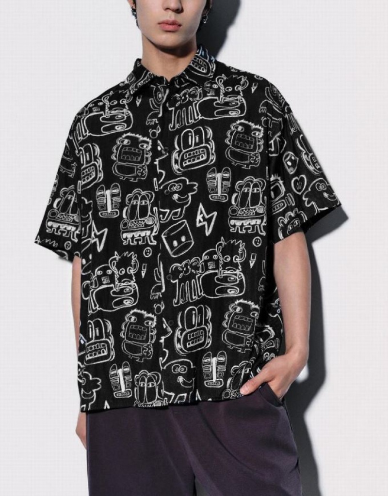 Urban Revivo Graffiti Printed Oversized Men's Shirts Black | YLMJGUC-79