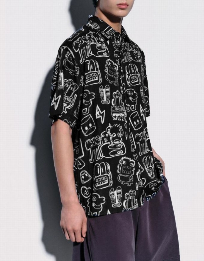 Urban Revivo Graffiti Printed Oversized Men's Shirts Black | YLMJGUC-79