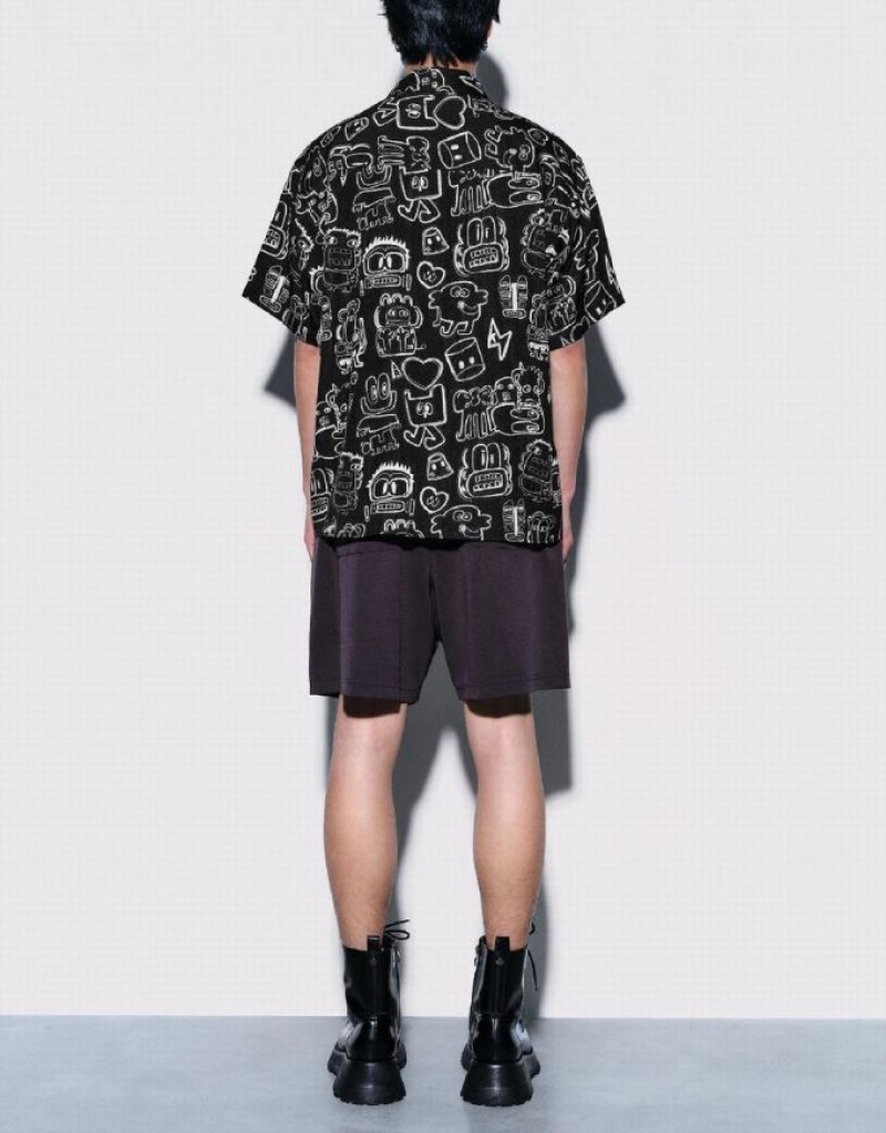 Urban Revivo Graffiti Printed Oversized Men's Shirts Black | YLMJGUC-79