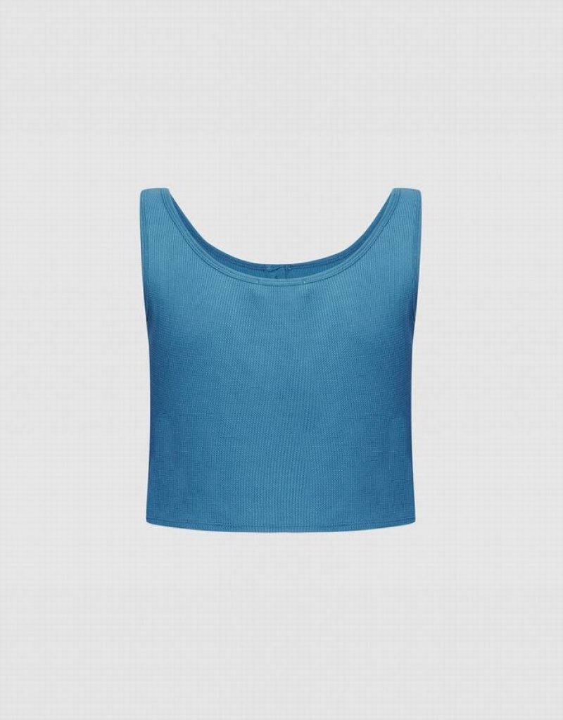 Urban Revivo Half Button Ribbed Knit Women's Tank Top Blue | ACUMGEZ-98