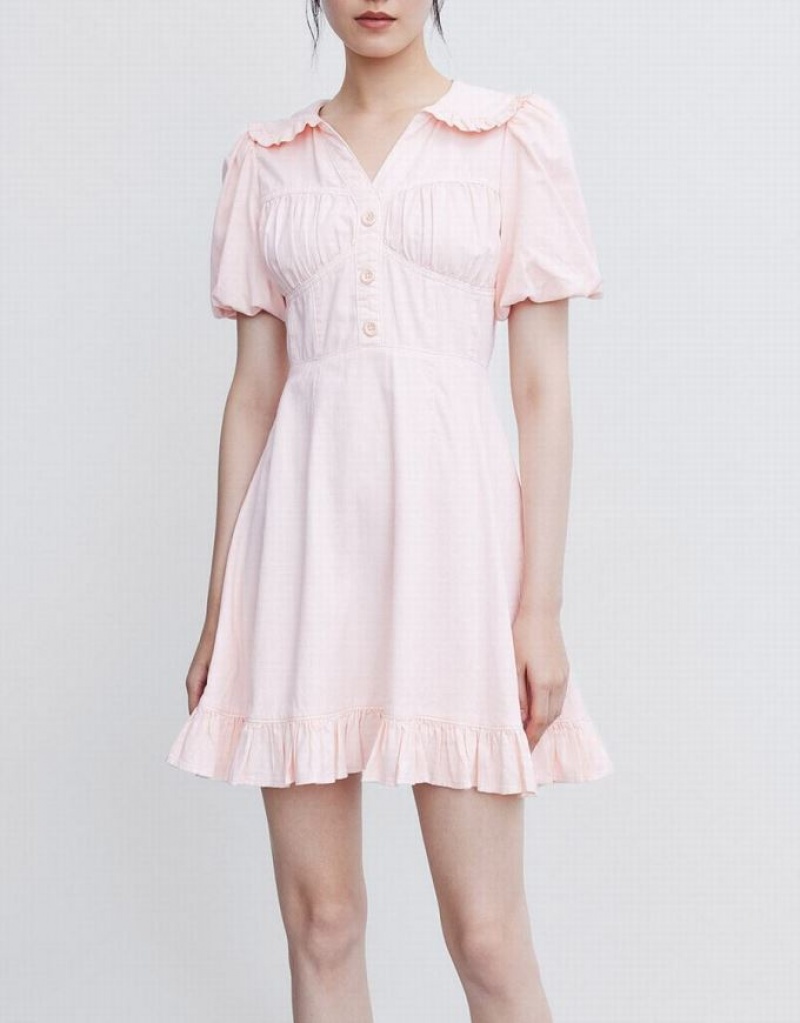 Urban Revivo Half Button Ruffle Hem Women's Denim Dress Pink | BEKXVDQ-20