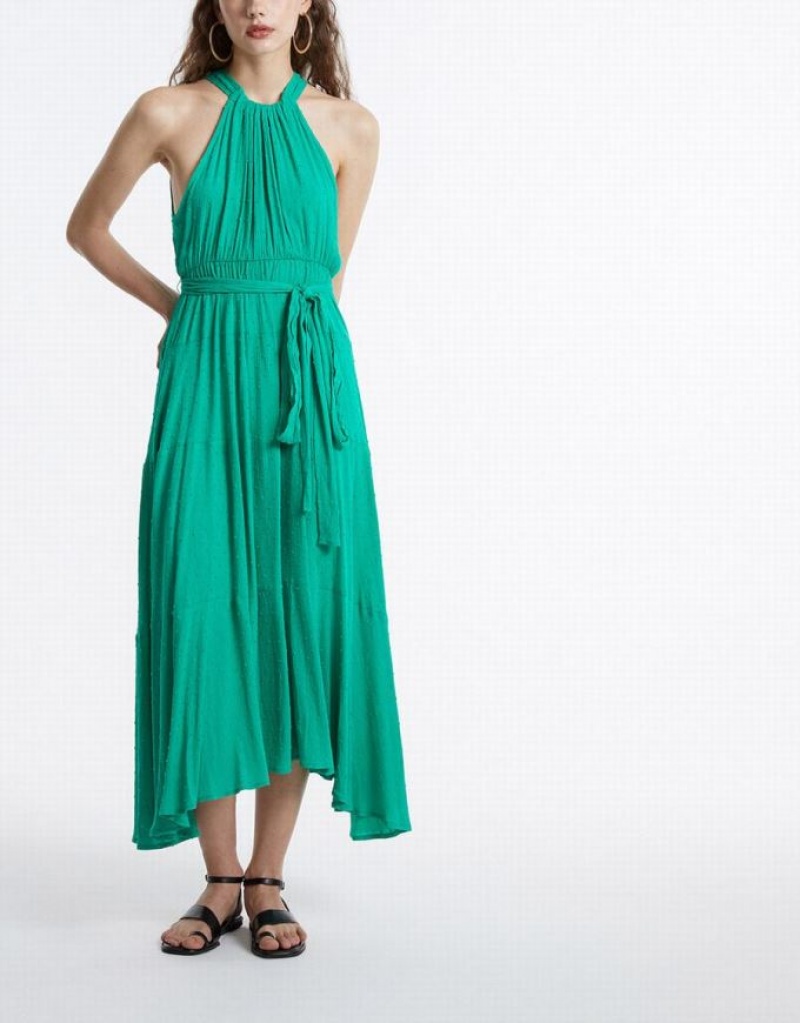 Urban Revivo Halter Belted Sleeveless Maxi Women's Maxi Dress Green | SGKXPZB-16